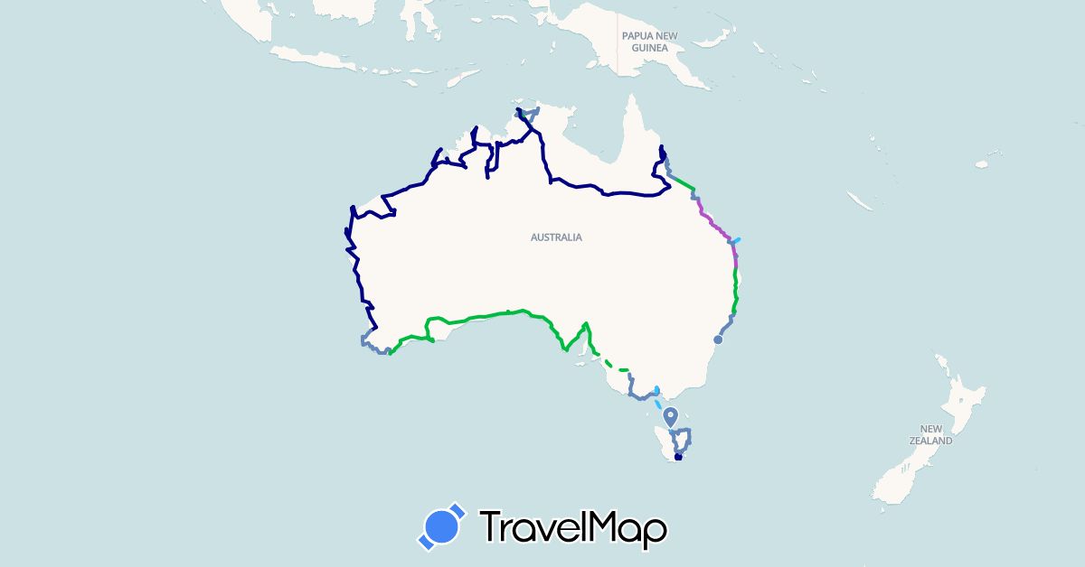 TravelMap itinerary: driving, bus, cycling, train, boat in Australia (Oceania)